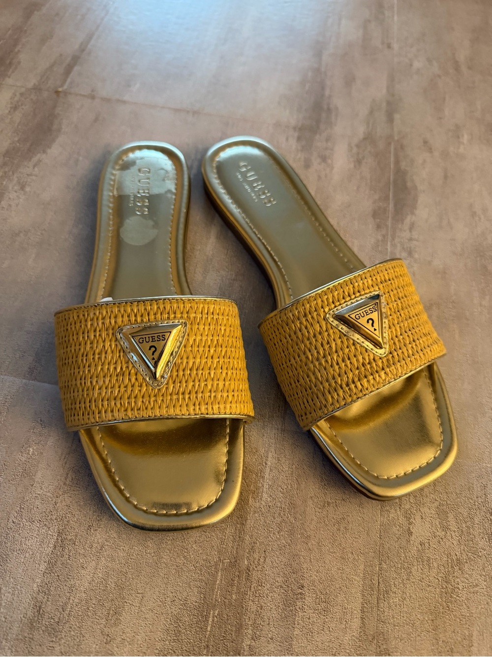 GUESS Gold Woven Slide Sandals with Logo Accent